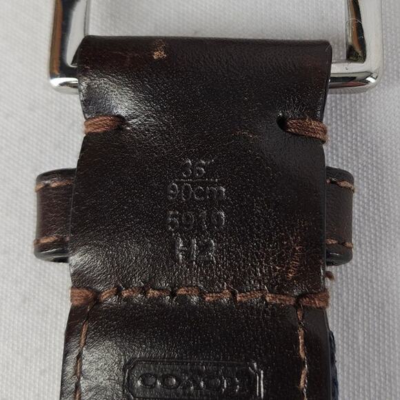 COACH VINTAGE BROWN LEATHER, GRAY & BEIGE STRIPE BELT – CHROME BUCKLE – SIZE 36" - Picture 4 of 10